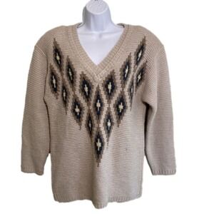 Nordic Fair Isle Fisherman Sweater Alpaca Wool Blend Tan Vintage Paul Alexander